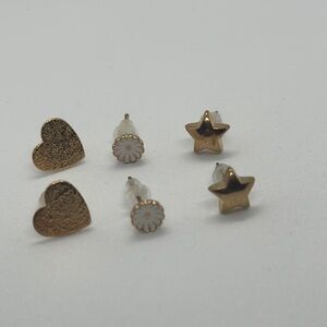 Set of 3 Pairs of Stud Earrings - Gold Star, Daisy Flower, Heart - New